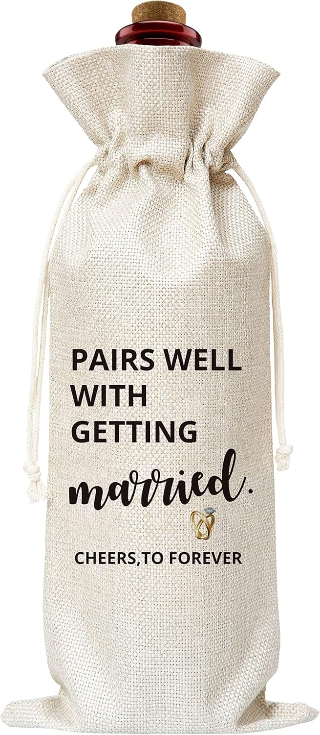 Wedding Wine Gift Bag, Cotton Burlap Wine Bags, Pairs Well With Getting Married, Proposal Gifts, Bridal Shower/Engagement Party Favors Supplies - 02