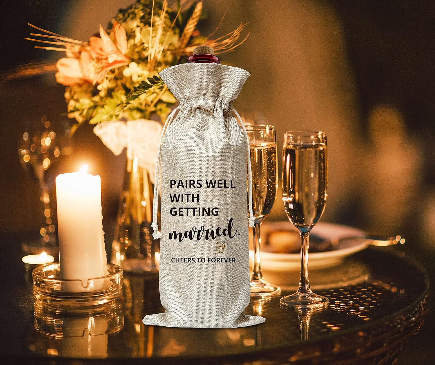 Wedding Wine Gift Bag, Cotton Burlap Wine Bags, Pairs Well With Getting Married, Proposal Gifts, Bridal Shower/Engagement Party Favors Supplies – 02