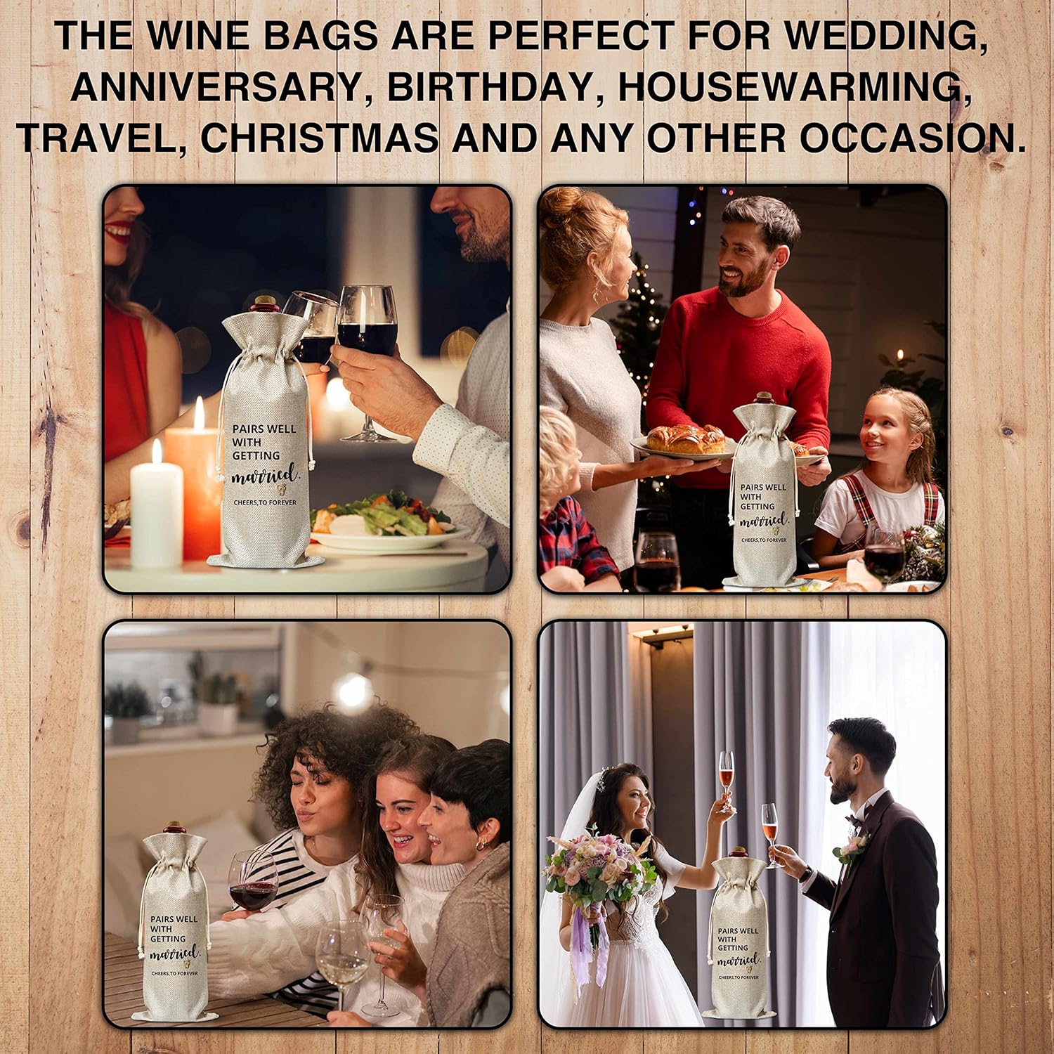 Wedding Wine Gift Bag, Cotton Burlap Wine Bags, Pairs Well With Getting Married, Proposal Gifts, Bridal Shower/Engagement Party Favors Supplies – 02