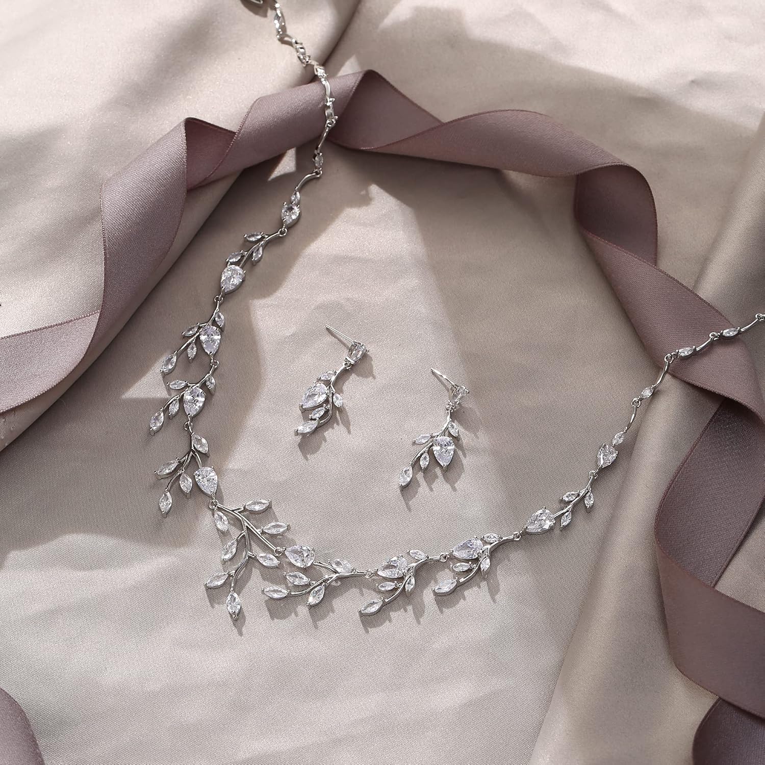 EVER FAITH Wedding Jewelry for Bride Women Bridesmaid, Sparkly Cubic Zirconia Pear-Shaped Birthstone Leaf Necklace Earrings Set for Prom