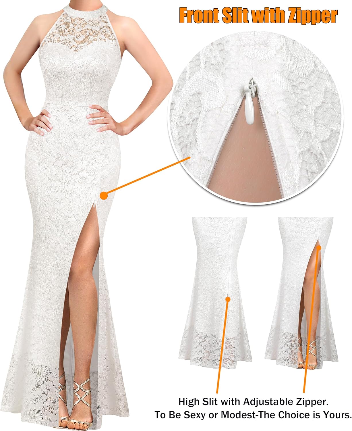 VFSHOW Womens Formal Sexy Halter High Slit Prom Wedding Guest Maxi Dress 2023 Illusion Sweetheart Neckline Evening Long Gown