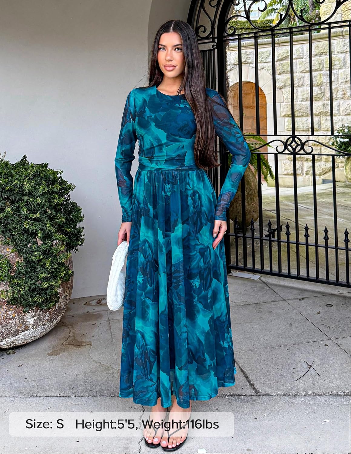 ZESICA Women’s Maxi Dress 2025 Fall Long Sleeve Crewneck Floral Print Mesh Ruched Party Wedding Guest Dresses