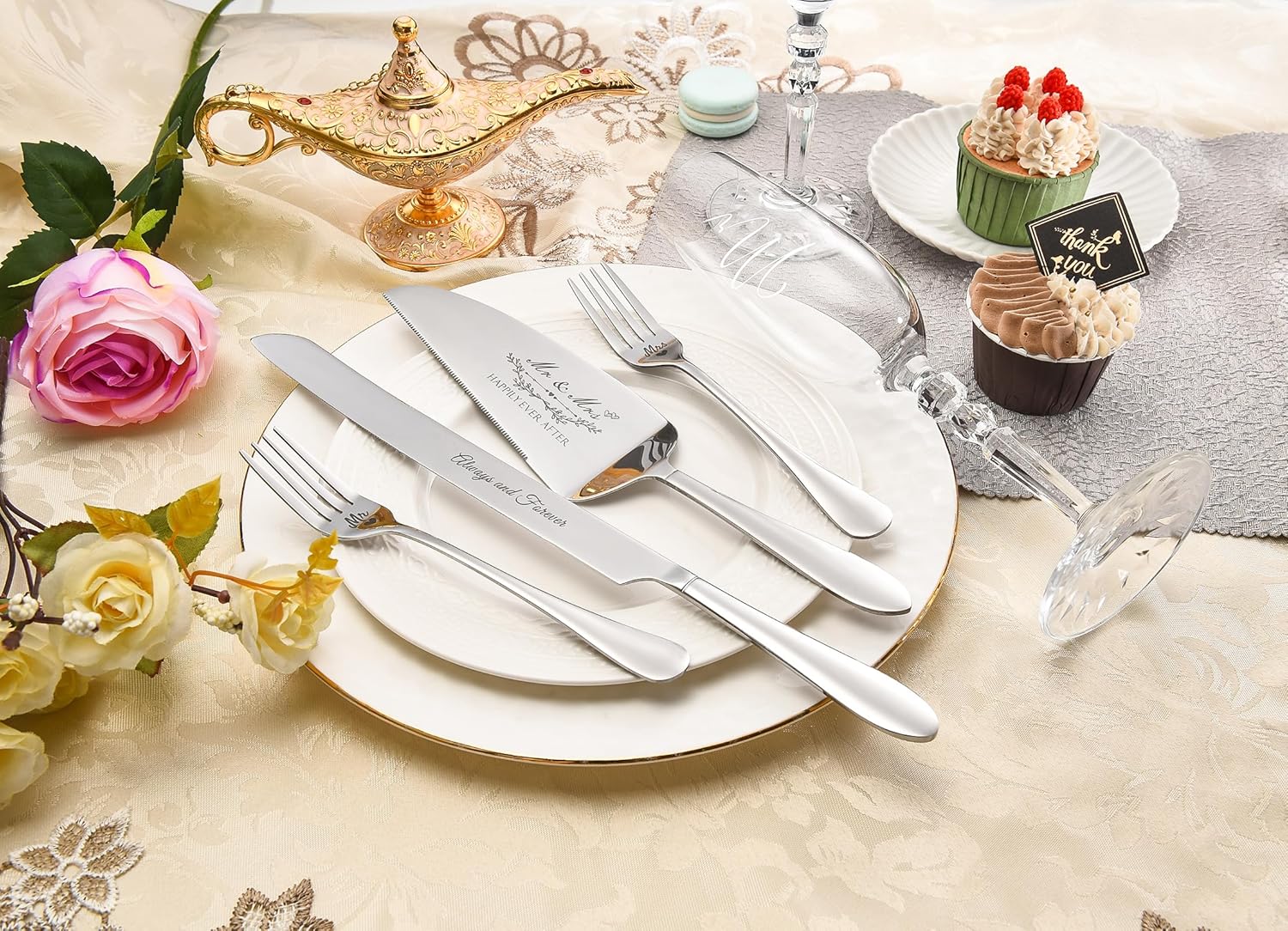 Wedding Cake Knife and Server Set with Forks, Classical Style Crystal Champagne Flutes Toasting Glasses for Bride and Groom, Wedding Gifts for Couples, Engagement and Bridal Shower Gifts