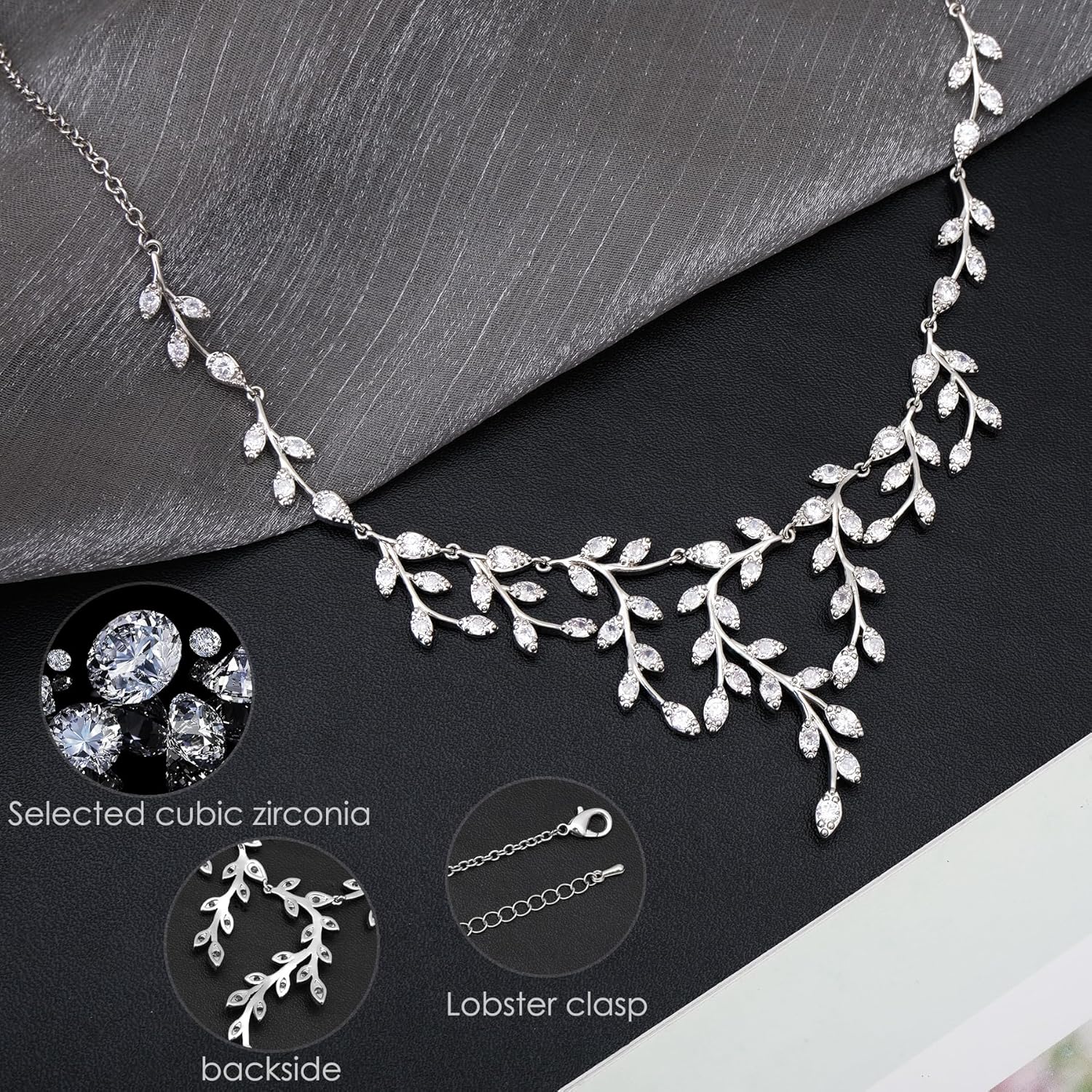 CSY Luxury Bridal Necklace Earrings Bracelet Set Cubic Zirconia Wedding Jewelry for Bride Bridesmaids CZ Plants Vine Platinum Jewelry Set Women