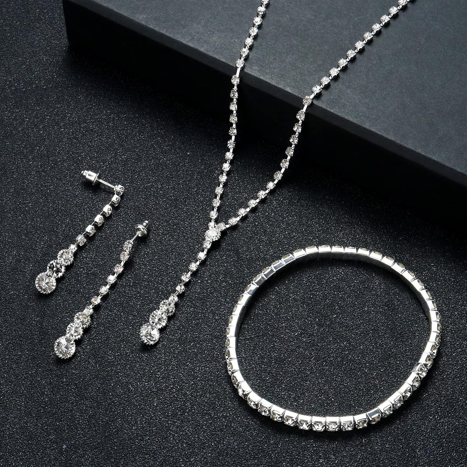 CASSIECA Silver Bridal Jewelry Set Rhinestone Necklace Bracelet Dangle Earrings for Bride Bridesmaid Teardrop Pendant Crystal Wedding Prom Jewelry Accessories for Women