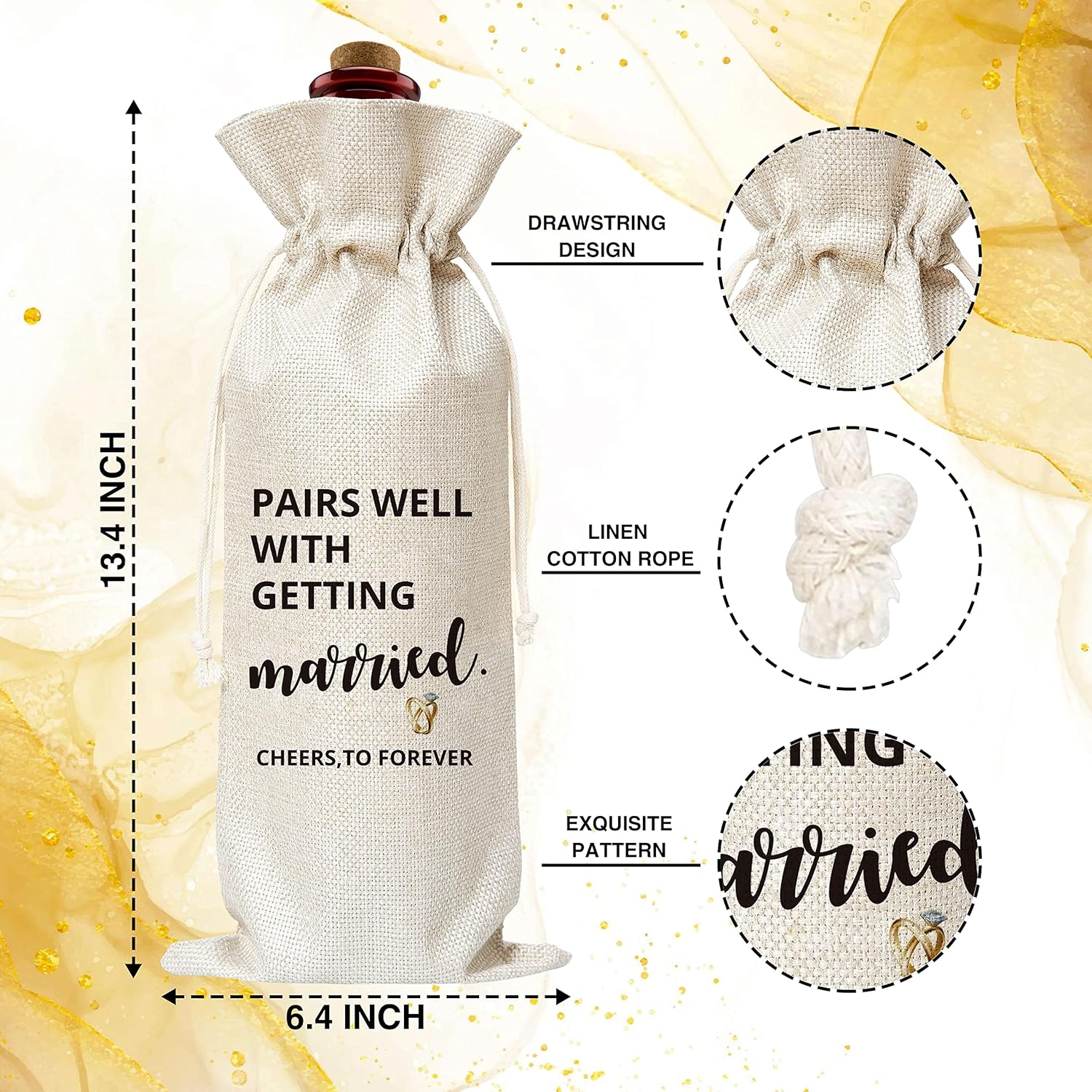 Wedding Wine Gift Bag, Cotton Burlap Wine Bags, Pairs Well With Getting Married, Proposal Gifts, Bridal Shower/Engagement Party Favors Supplies – 02