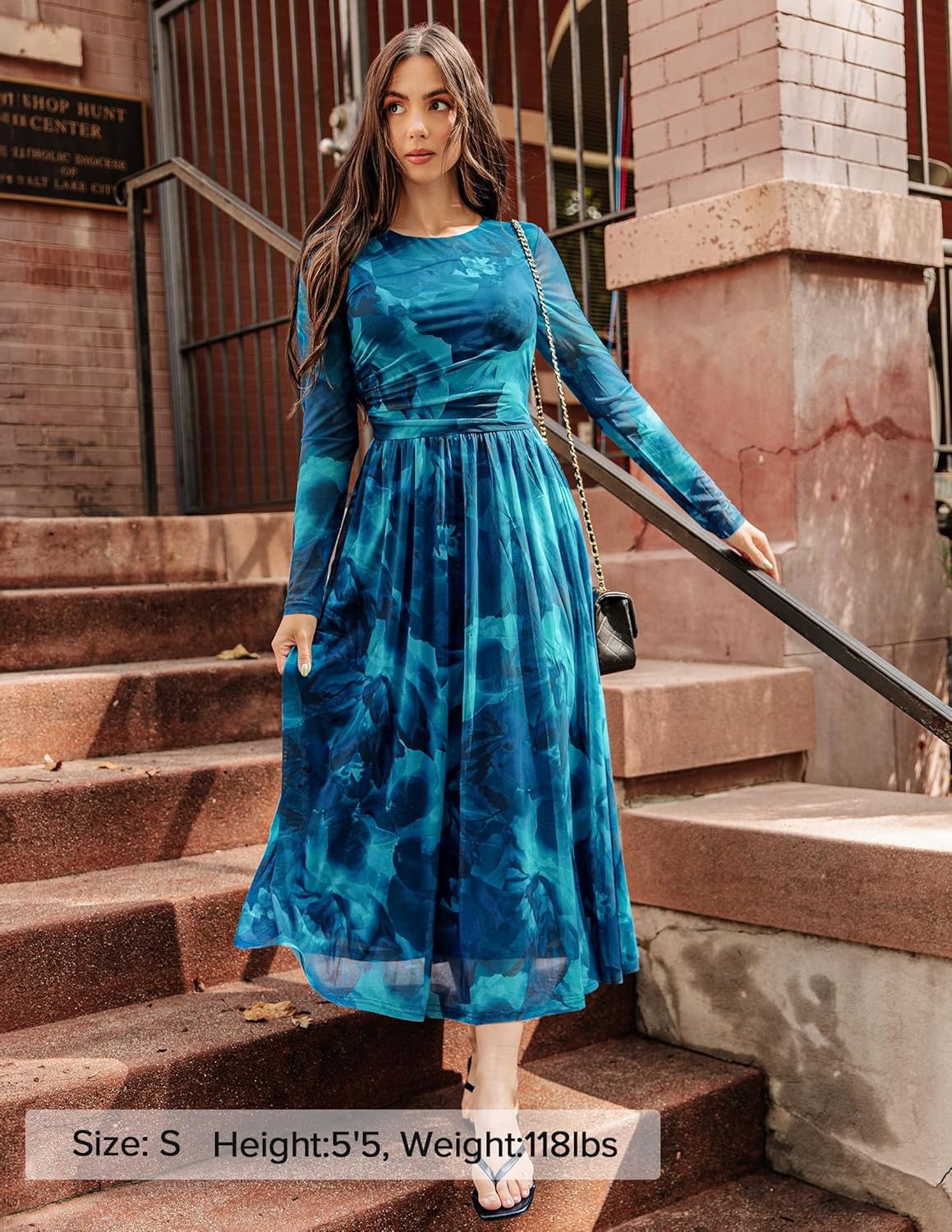 ZESICA Women’s Maxi Dress 2025 Fall Long Sleeve Crewneck Floral Print Mesh Ruched Party Wedding Guest Dresses