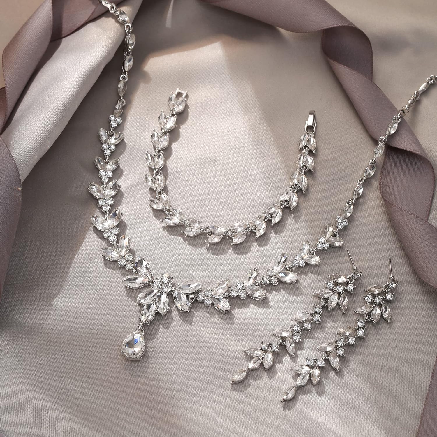 EVER FAITH Austrian Crystal Bridal Bridesmaid Jewelry Sets, Elegant Marquise Rhinestone Leaf Necklace Dangle Earrings Tennis Bracelet Set for Women