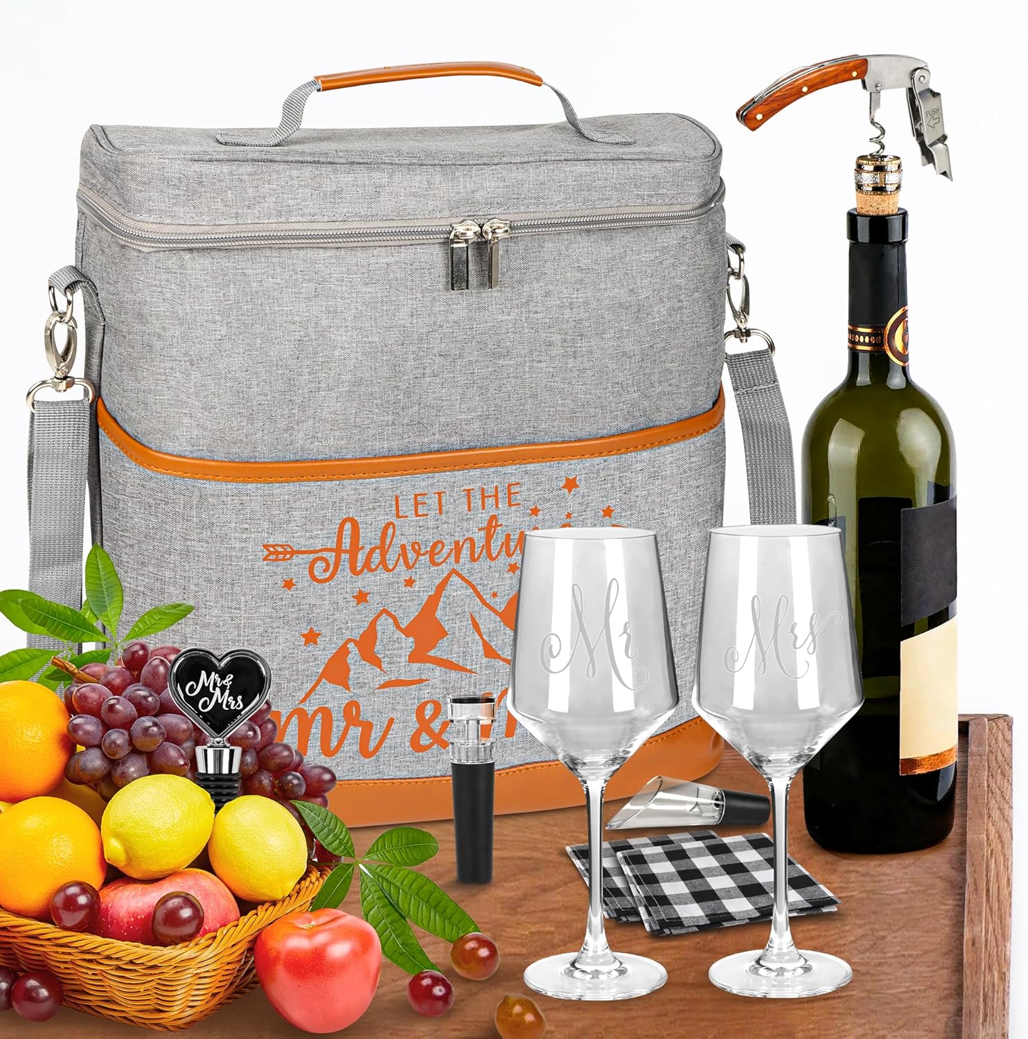 Engagement Gifts for Couples, Wedding Gifts Mr. and Mrs. Gifts Bridal Shower Gifts for Bride Groom, Anniversary Valentines Day Gift, Insulated Wine Cooler Tote Bag with Glasses Accessories