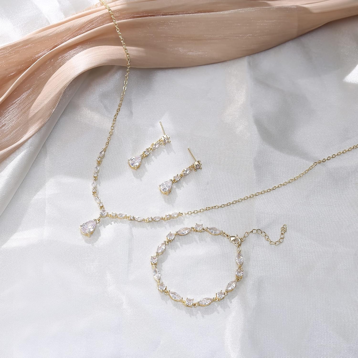 Crysdue Teardrop Bridal Jewelry Set for Wedding Party, Silver/14K/Rose Gold Plated Prom Costume Jewellery for Bride Bridesmaids Women, Cubic Zirconia Necklace Dangle Earrings Bracelet