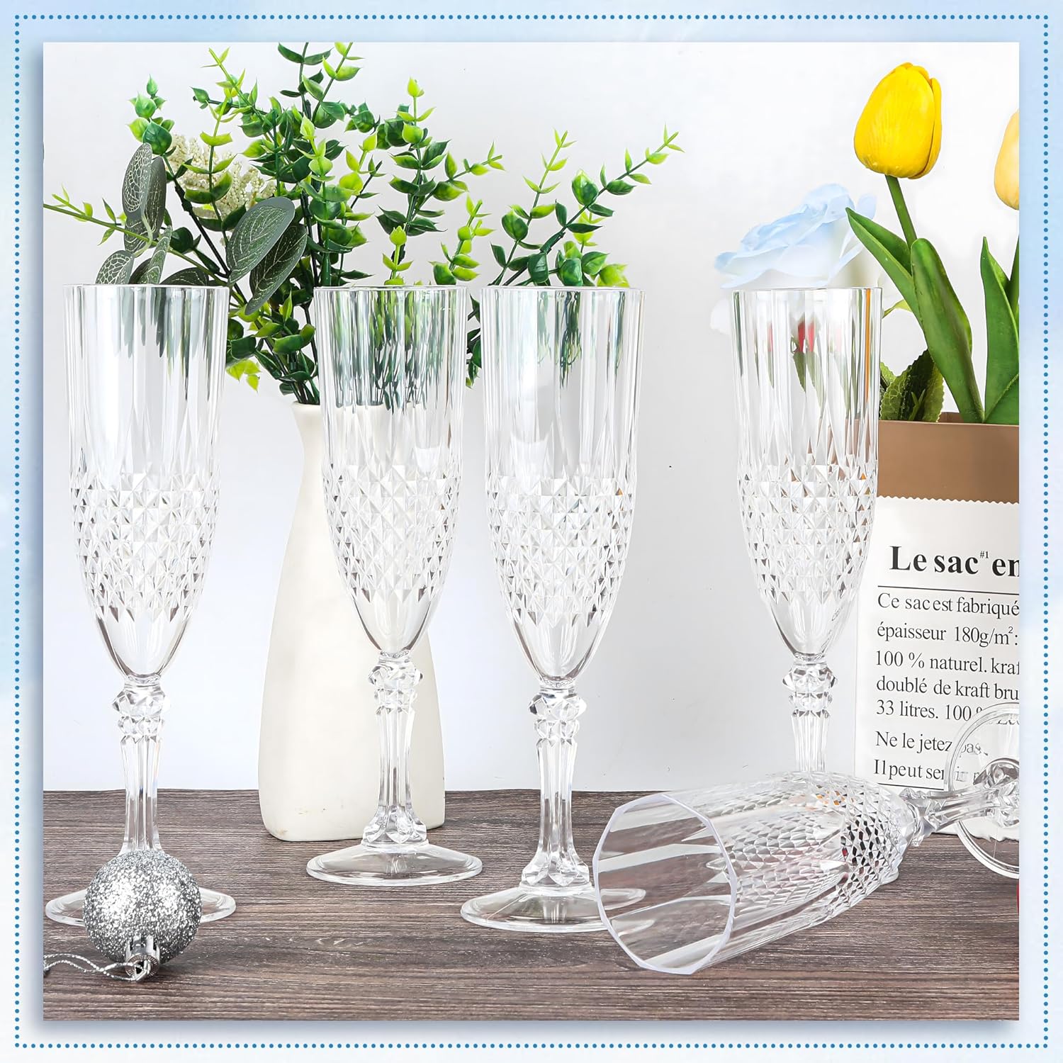 Plastic Champagne Flutes, 24PCS White Transparent Wine Glasses Goblets Shatterproof Reusable Flute for Weddings, Bachelor Parties, Toasting, and Events(24,Transparent)