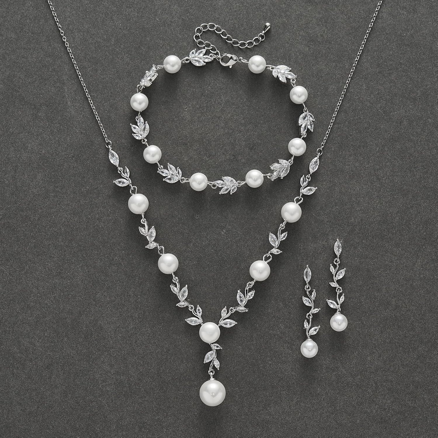SWEETV Jewelry Set for Bride Women, Cubic Zirconia Pearl Bridal Earrings Necklace Bracelet Set, Bridal Jewelry Set for Wedding Prom