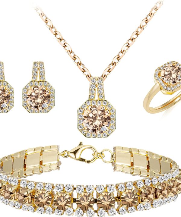 4pcs Cubic Zirconia Wedding Jewelry Sets for Bride Bridesmaid Cubic Zirconia Pendant Necklace Earrings Link Tennis Bracelet Open Ring Set for Women