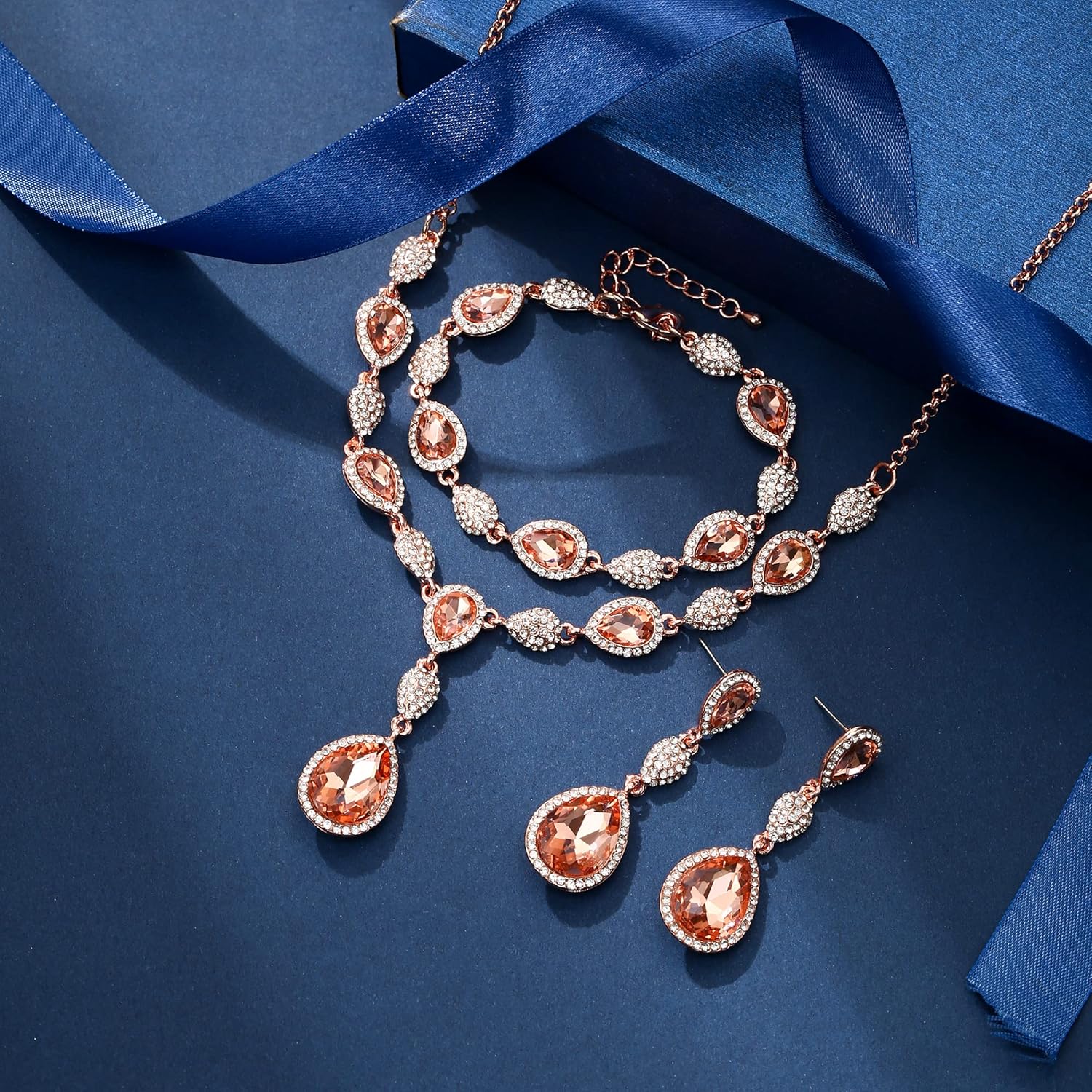 EleQueen Women’s Wedding Bridal Jewelry Sets for Brides Bridesmaids, Cubic Zirconia Teardrop Necklace Tennis Bracelet Dangle Earrings Jewellery Set