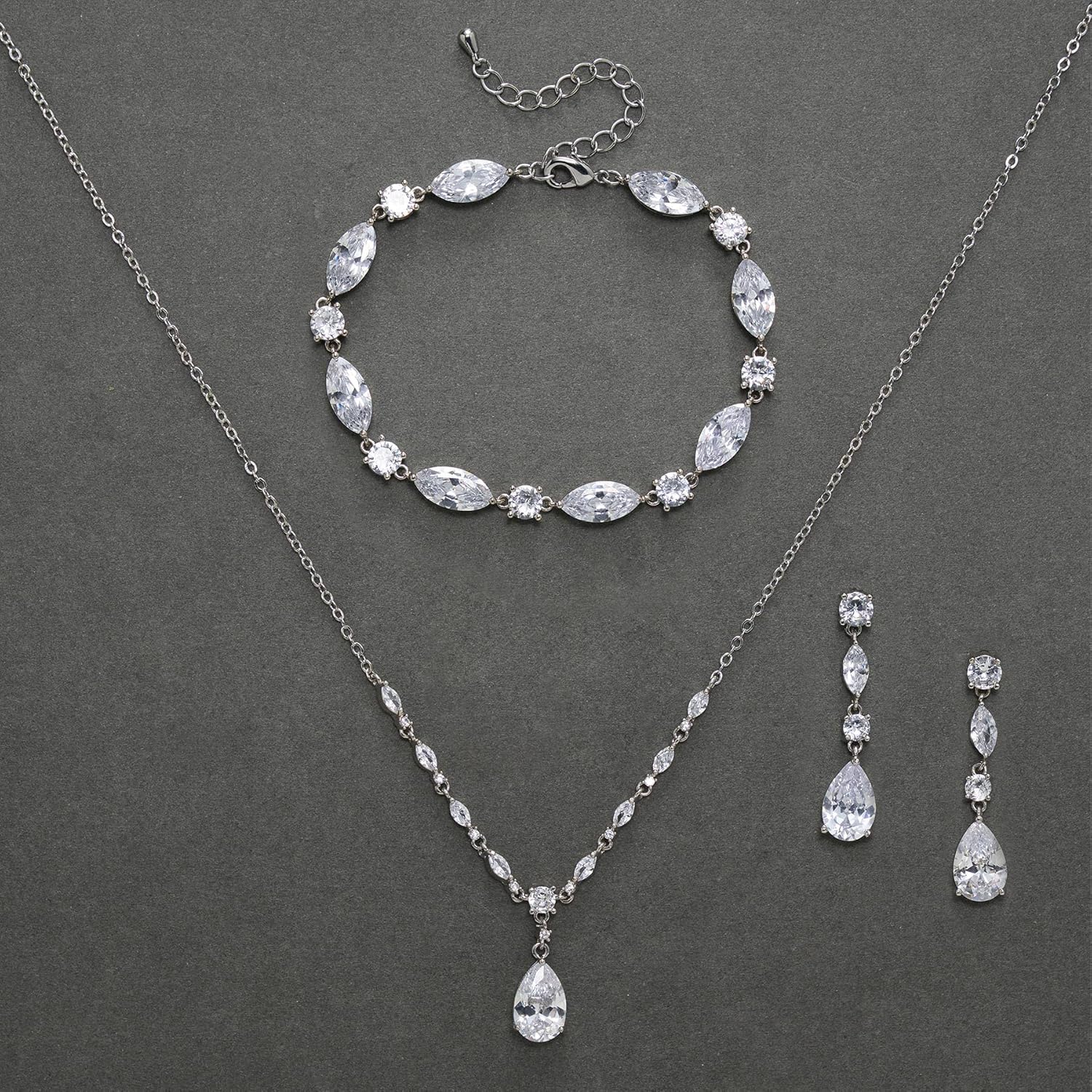SWEETV Bridal Jewelry Set for Wedding, Cubic Zirconia Necklace Dangle Drop Earrings Bracelet Set, Teardrop Marquise Brides Bridesmaids Wedding Prom Anniversary Jewelry Gifts for Women