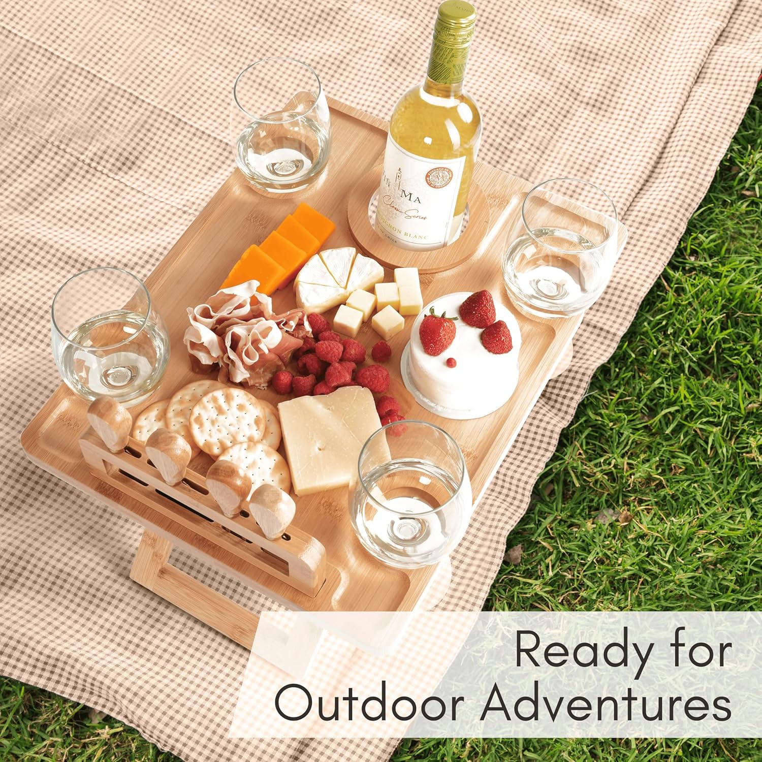Charcuterie Picnic Table, Portable Wine Charcuterie Table, Outdoor Portable Wine Table, Cheese Lover Gift, Includes 4 Cheese Knives (Gold) and Detachable Cheese Knife Stand