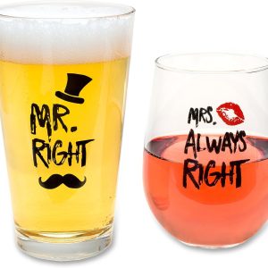 Funny Mr. Right and Mrs. Always Right Novelty Wine Glass and Beer Glass | Includes Fun, Stylish Gift Box | For Weddings, Engagement, Newlywed, Bachelorette, Anniversary, Couples Gifts