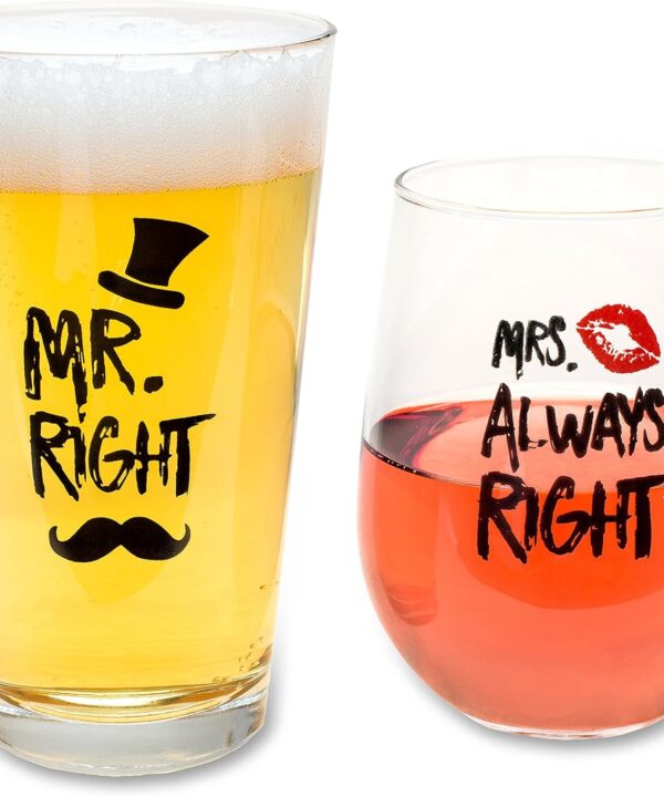 Funny Mr. Right and Mrs. Always Right Novelty Wine Glass and Beer Glass | Includes Fun, Stylish Gift Box | For Weddings, Engagement, Newlywed, Bachelorette, Anniversary, Couples Gifts