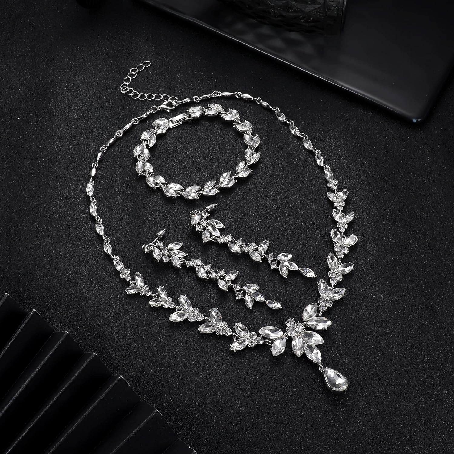 FIASASO Prom Jewelry Set Necklace Dangle Earrings Bracelet Bride Bridesmaid Crystal Bridal Jewelry Set for Wedding Rhinestone Engagement Party Prom Jewelry Set for Women