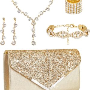 Henoyso 5 Pcs Purse Rhinestone Jewelry Set Prom Jewelry Rhinestone Clutch Purse Necklace Earrings Bracelets for Women Bride