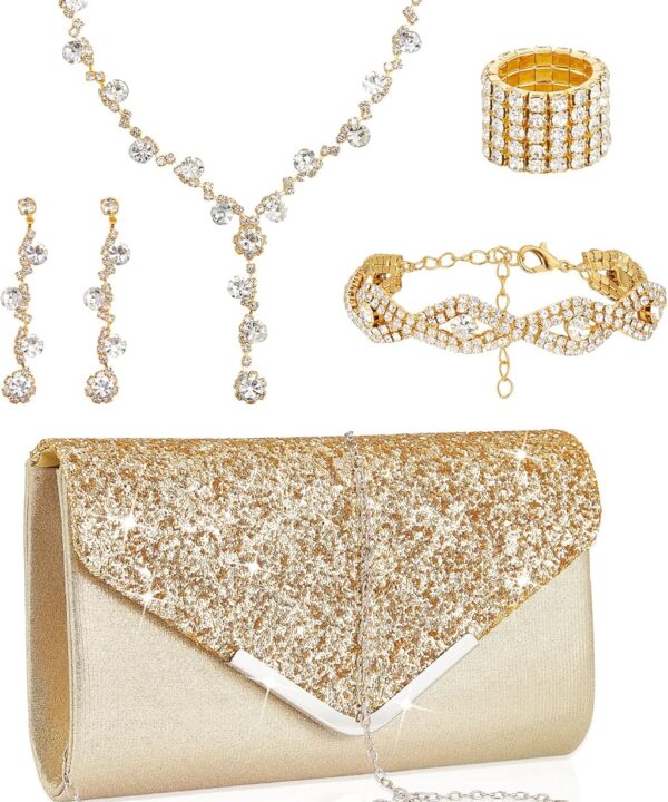 Henoyso 5 Pcs Purse Rhinestone Jewelry Set Prom Jewelry Rhinestone Clutch Purse Necklace Earrings Bracelets for Women Bride