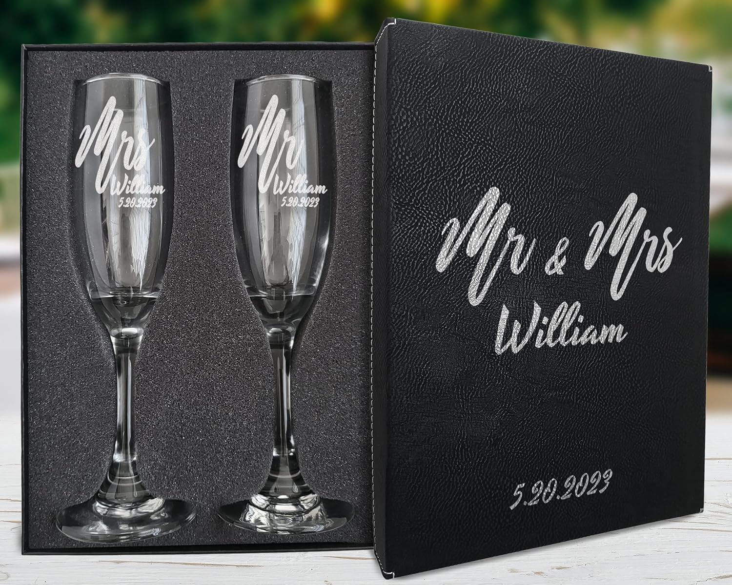 Mr. Mrs. Centerpieces Set of 2 Custom Engraved Wedding Flutes Wine Champagne Newlyweds Bride Groom Anniversary for Couples