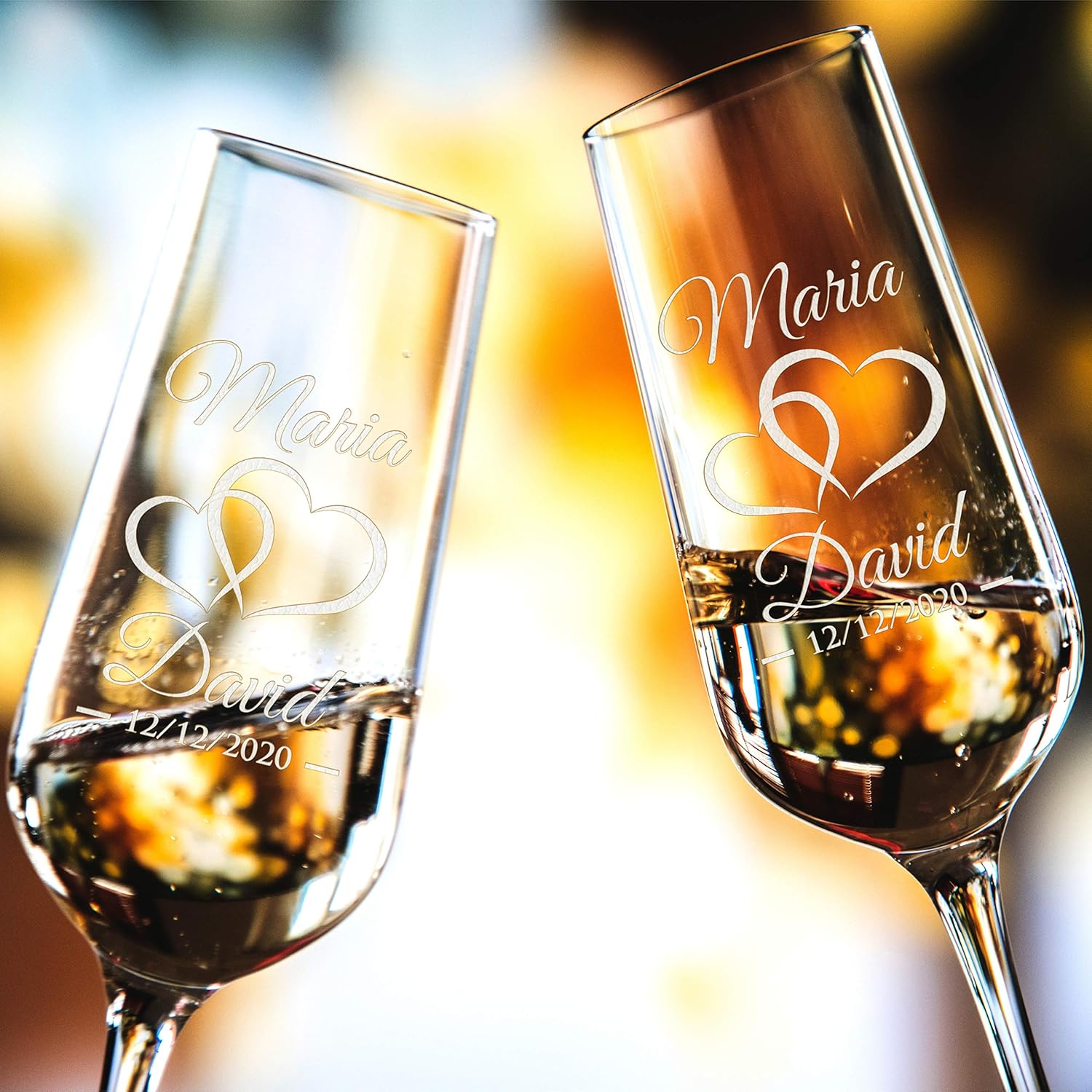 P Lab Set of 2, Bride Groom Names & Date Hearts, Personalized Wedding Toast Champagne Flute Set, Wedding Toasting Glasses – Etched Flutes for Bride & Groom Customized Wedding Gift #N9