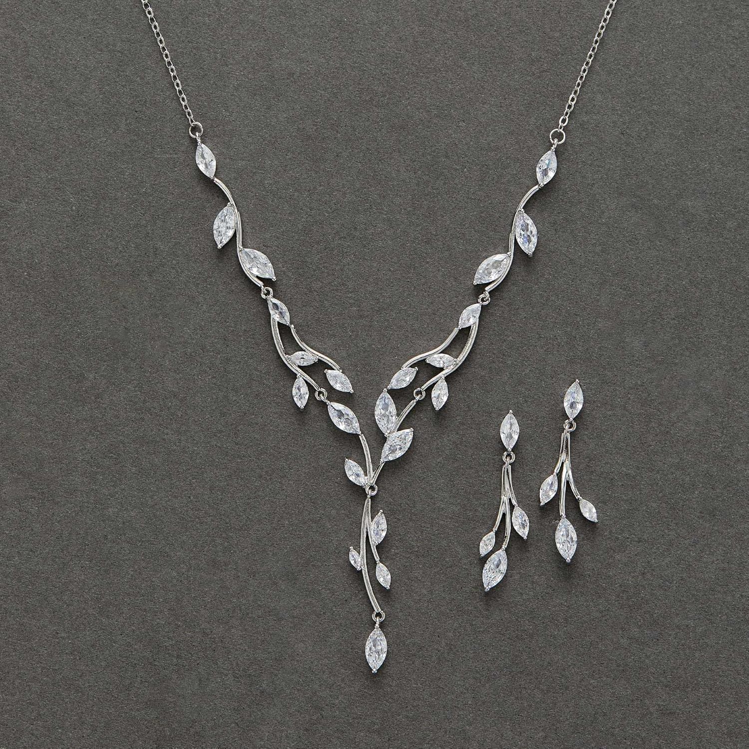 SWEETV Jewelry Set for Women, Cubic Zirconia Marquise Vine Cluster Bridal Earrings and Necklace Set, Bridal Jewelry Set for Wedding Prom
