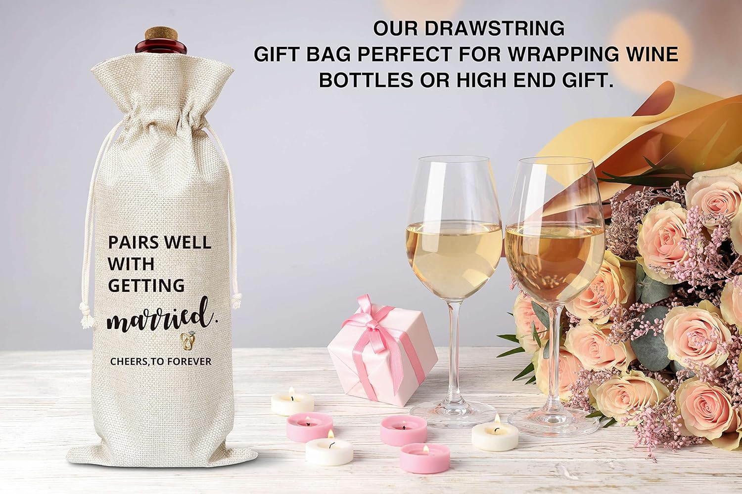Wedding Wine Gift Bag, Cotton Burlap Wine Bags, Pairs Well With Getting Married, Proposal Gifts, Bridal Shower/Engagement Party Favors Supplies – 02