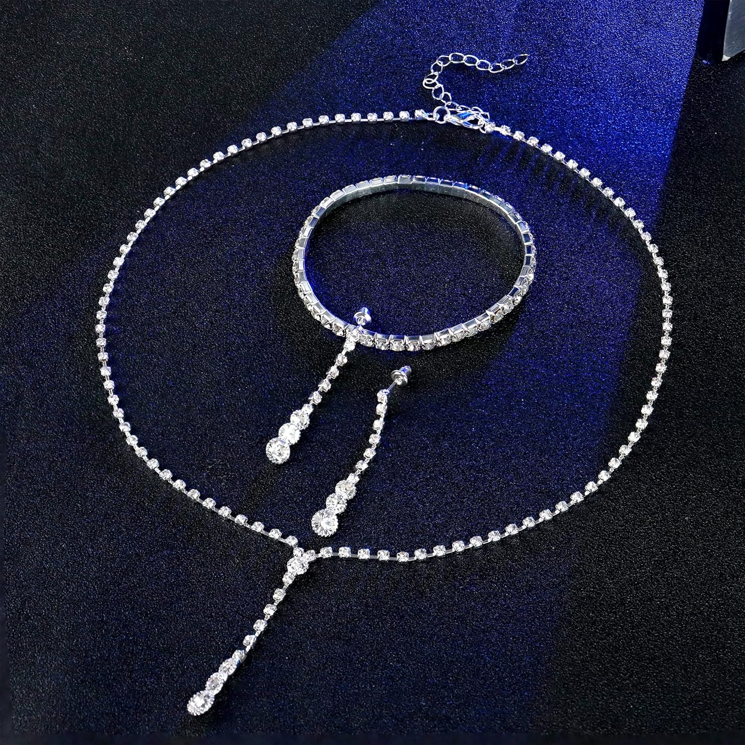 CASSIECA Silver Bridal Jewelry Set Rhinestone Necklace Bracelet Dangle Earrings for Bride Bridesmaid Teardrop Pendant Crystal Wedding Prom Jewelry Accessories for Women