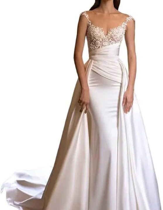 Short Mermaid Wedding Dresses for Bride Lace Appliques Tulle Beach Bride Dress Detachable Train Sweetheart He1081017