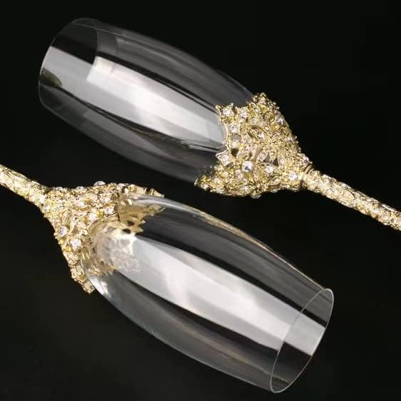 Gold Champagne Flutes – Crystal Glass Metal Base With Crystal Stones, Set of 2 Toasting Flute Pair, Wedding Anniversary Party Birthday Banquets and Gifts for Bride and Groom (Gold)