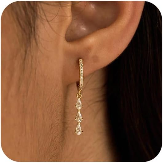 Gold/Silver Hoop Earrings for Women,Dainty 14k Gold/Silver Plated Small CZ Diamond Dangle Drop Earrings for Women Trendy Lightweight Jewelry Set