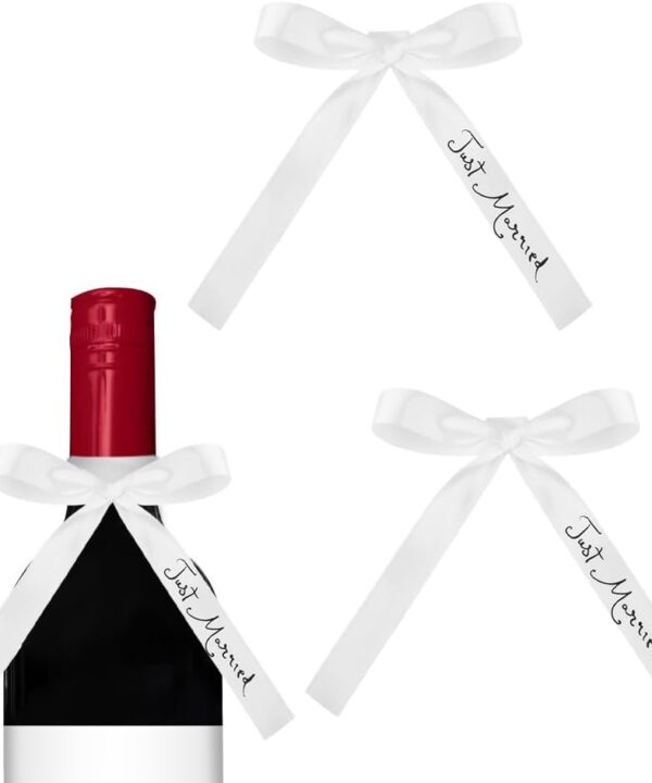 Just Married Bow for Champagne White Ribbon Bows Bouquet Glasses Decor Wedding Wine Glass Charms for Bride and Groom Bridal Shower Party Wine Cup Decorations