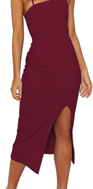 OWIN Women's Adjustable Spaghetti Straps Sleeveless High Waist Split Midi Bodycon Cocktail Party Dress