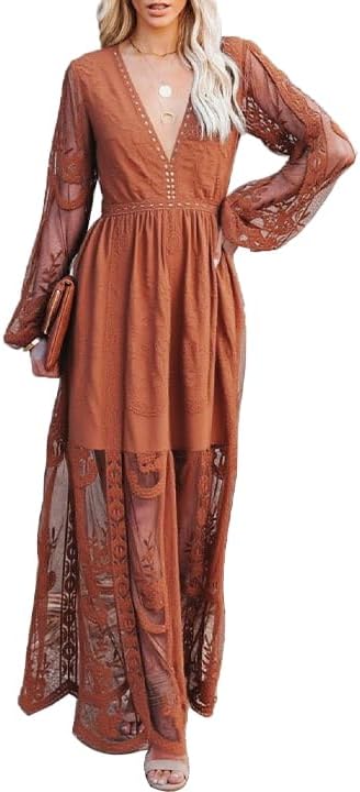 LRISES Womens V Neck Floral Embroidered Lace Wedding Maxi Dress Boho Short Sleeve Slit Bridesmaid Evening Party Dresses