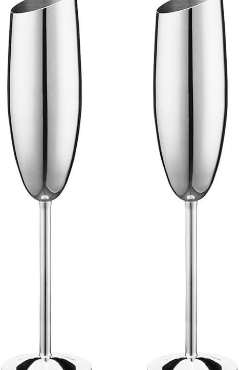 Silver Champagne Glasses Set of 2,8.2oz Stemmed Stainless Steel Unbreakable Champagne Flutes, Vintage Tall Metal Wine Glasses for Drinking Toasting Anniversary Wedding Christmas