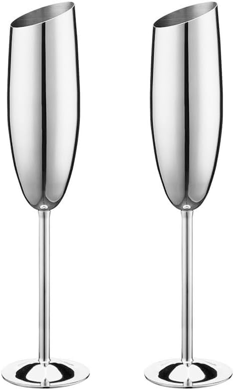 Silver Champagne Glasses Set of 2,8.2oz Stemmed Stainless Steel Unbreakable Champagne Flutes, Vintage Tall Metal Wine Glasses for Drinking Toasting Anniversary Wedding Christmas