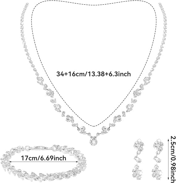 Silver Crystal Bridal Jewelry Set, Teardrop Dangle Earrings Rhinestone Necklace Bracelet for Bride Bridesmaid Crystal Bridal Wedding Party Jewelry Sets