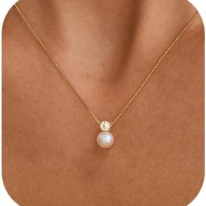 Pearl Necklaces for Women, Dainty Gold Necklace 14K Gold Plated Charm CZ Pearl Pendant Necklace Simple Gold Pearl Choker Necklaces for Women Trendy Wedding Womens Jewelry