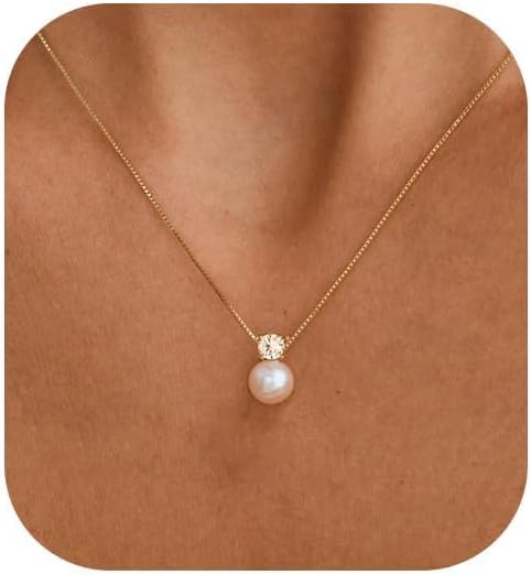 Pearl Necklaces for Women, Dainty Gold Necklace 14K Gold Plated Charm CZ Pearl Pendant Necklace Simple Gold Pearl Choker Necklaces for Women Trendy Wedding Womens Jewelry