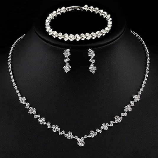 Silver Crystal Bridal Jewelry Set, Teardrop Dangle Earrings Rhinestone Necklace Bracelet for Bride Bridesmaid Crystal Bridal Wedding Party Jewelry Sets