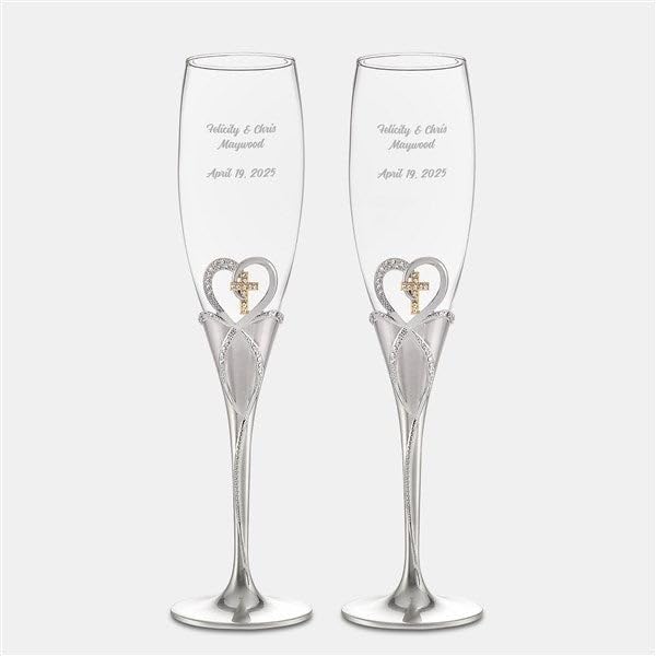 Personalization Universe Engraved Cross & Heart Personalized Wedding Champagne Flutes Dual-Tone with Stones, Customizable Text, Gift Box Included, 10.3″ H Glass Set of 2