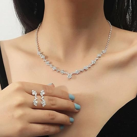 Silver Crystal Bridal Jewelry Set, Teardrop Dangle Earrings Rhinestone Necklace Bracelet for Bride Bridesmaid Crystal Bridal Wedding Party Jewelry Sets