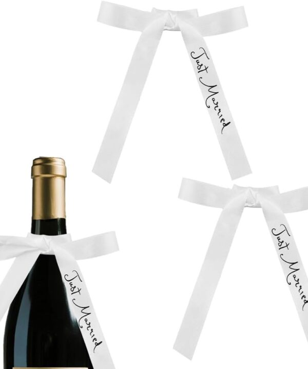 Just Married Ribbon Wedding Party Decoration Ribbon Accessories for Cake Bouquets Chair Decor White Ribbons 2 Pcs Wedding Party Supplies for Glass Wine Champagne Decor Just Married Ornament