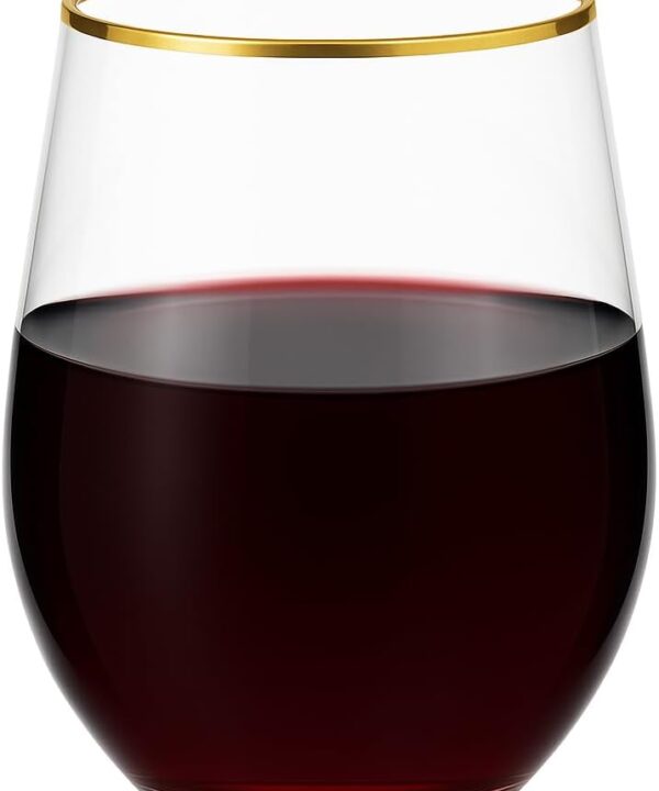 Oojami 36 piece Disposable Stemless Platic Wine Tumbler Cups Unbreakable Crystal Clear Gold Rim Plastic Wine Glasses elegant Drinkware for Wedding, Birthday, Indoor outdoor Pool 12 Ounce