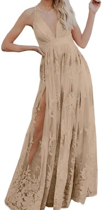 Dokotoo Womens Formal Dresses Deep V-Neck Embroidered Lace Mesh Evening Party Prom Dress Long Wedding Dress