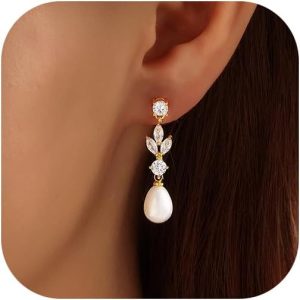 Pearl Earrings for Women, 14k Gold Plated Trendy Diamond Pearl Drop Earrings Bridal Shower Gifts Wedding jewelry for Women