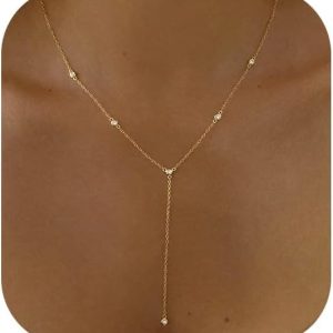 Gold Necklace for Women, Dainty Gold Long Necklaces 14k Gold Plated Prom Bar CZ Lariat Necklace Simple Choker Necklaces for Women Trendy Boho Fashion Costume Jewelry Womens