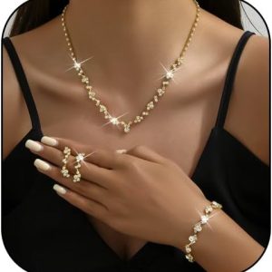 Prom Earrings Necklace Bracelet Set Elegant Crystal Rhinestone Necklace Earrings Bracelet Bridal Wedding Prom Dresses Costume Outfit Gold Jewelry Sets for Women